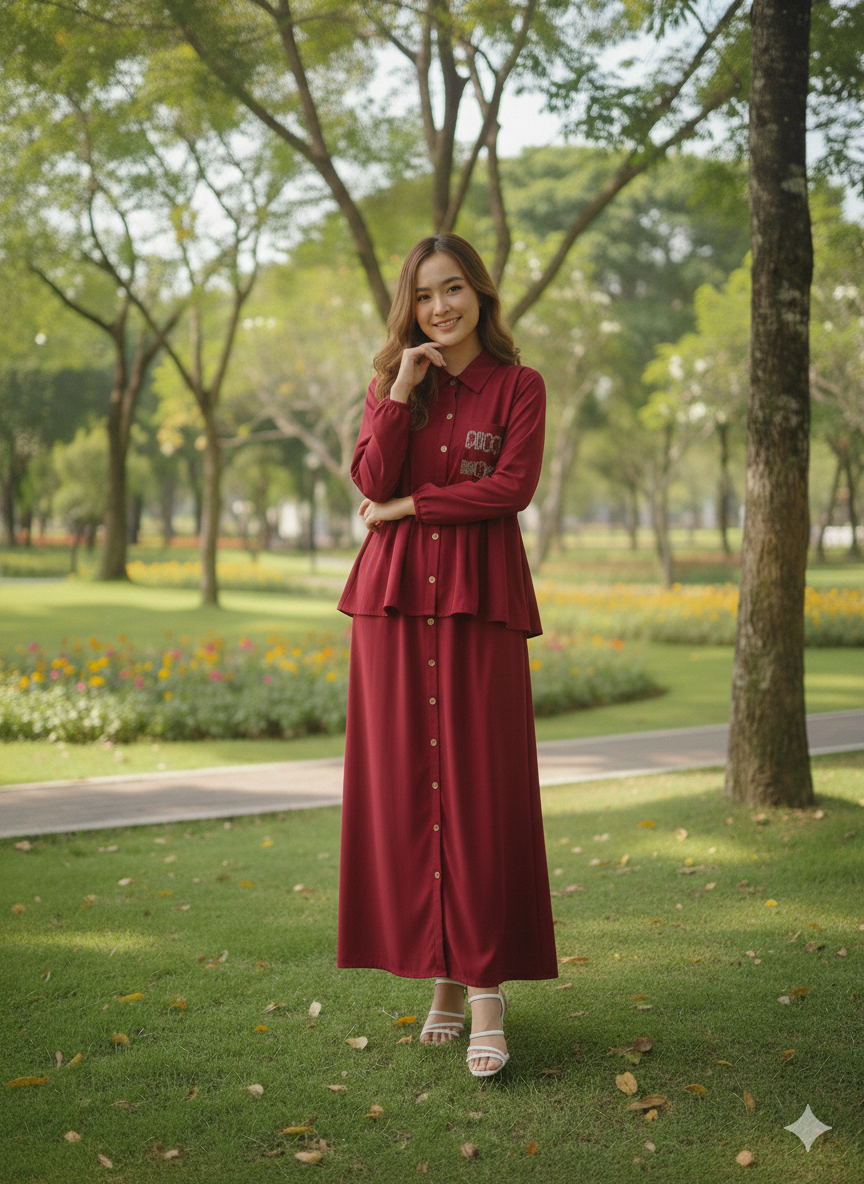 Maroon Two-Piece Layered Button-Down Dress Set