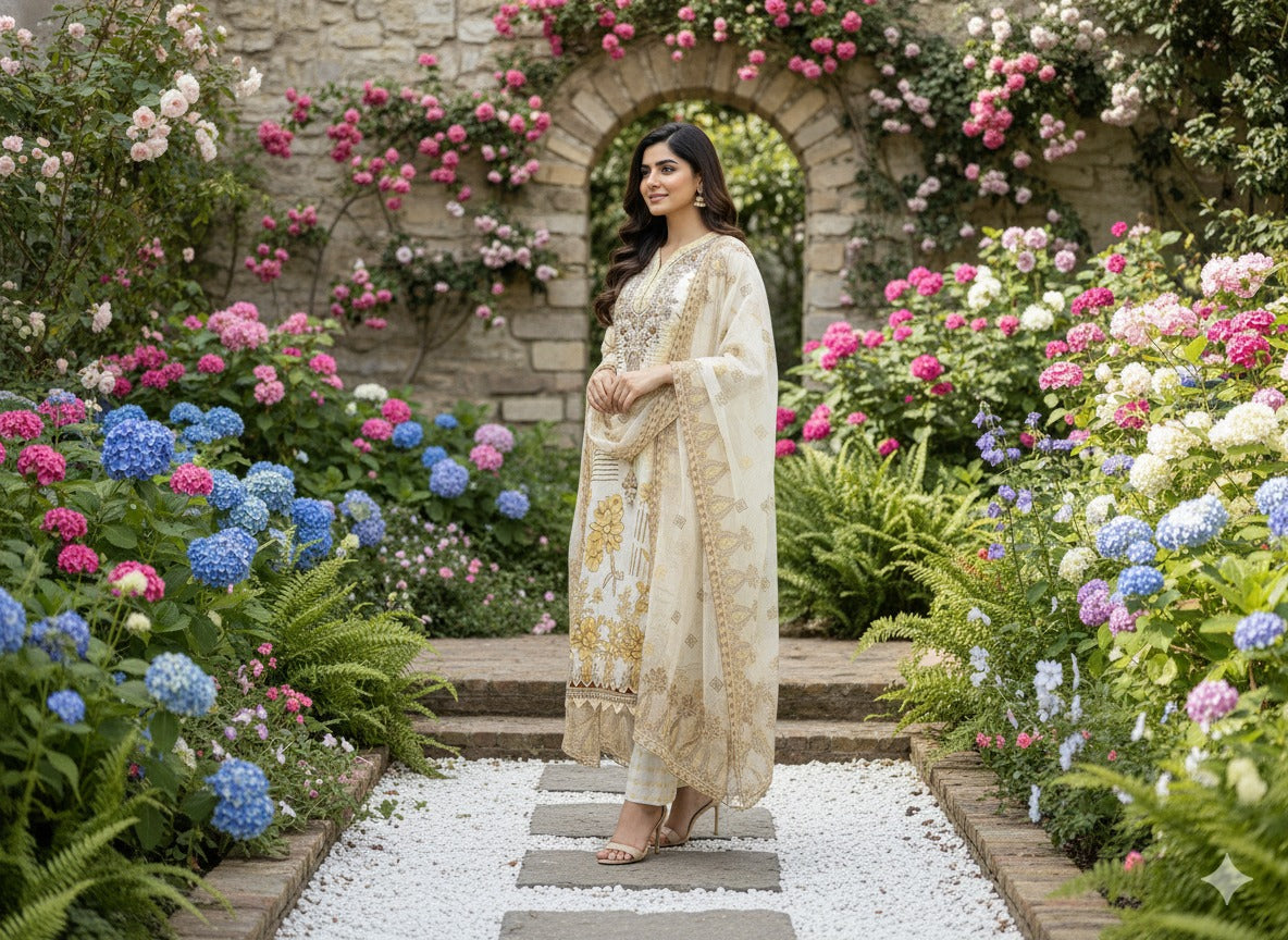Luxury Embroidered 3-Piece Cream & Gold Lawn Suit