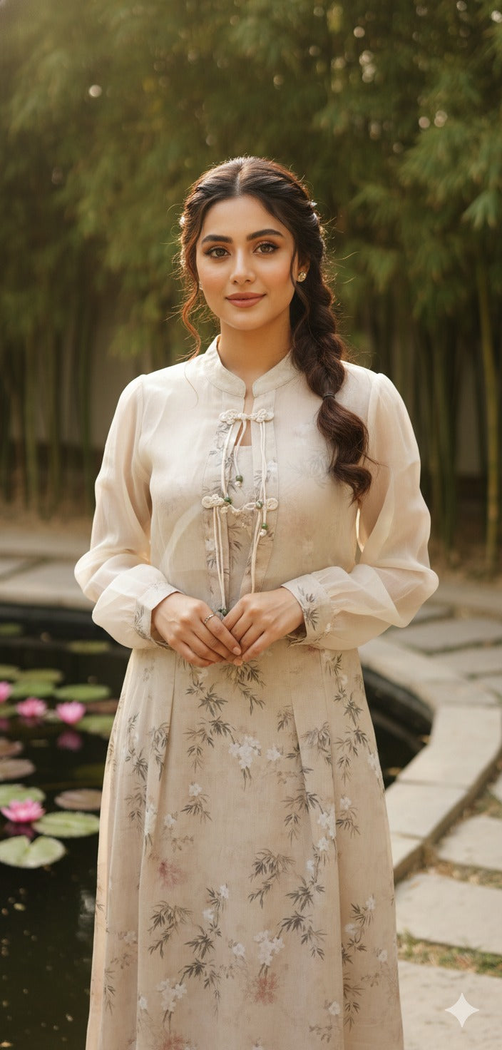 Ivory Floral Linen Dress with Chiffon Mandarin Overlay Set