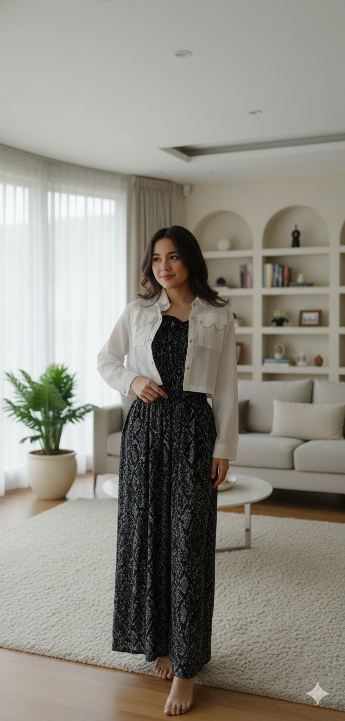 Black Printed Maxi Dress with White Cropped Shirt Layer