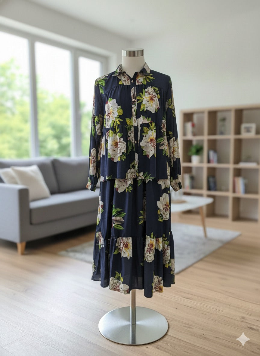 Navy Floral Two-Piece Set – Shirt & Maxi Skirt