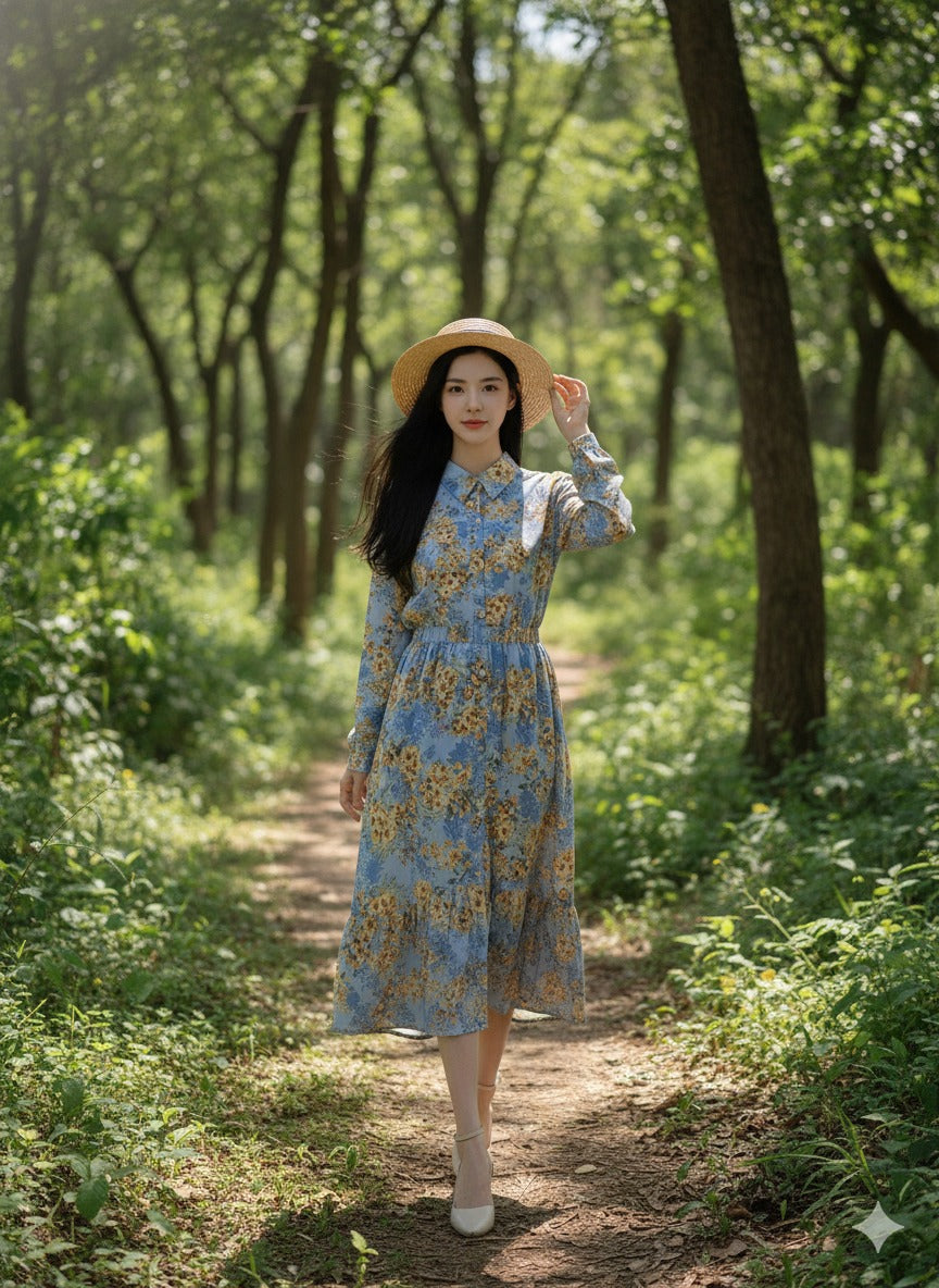 Blue Floral Two-Piece Long Dress – Soft, Feminine & Breezy