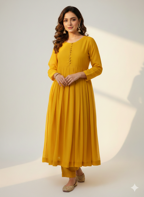 Mustard Yellow Pleated Anarkali Kurta Set