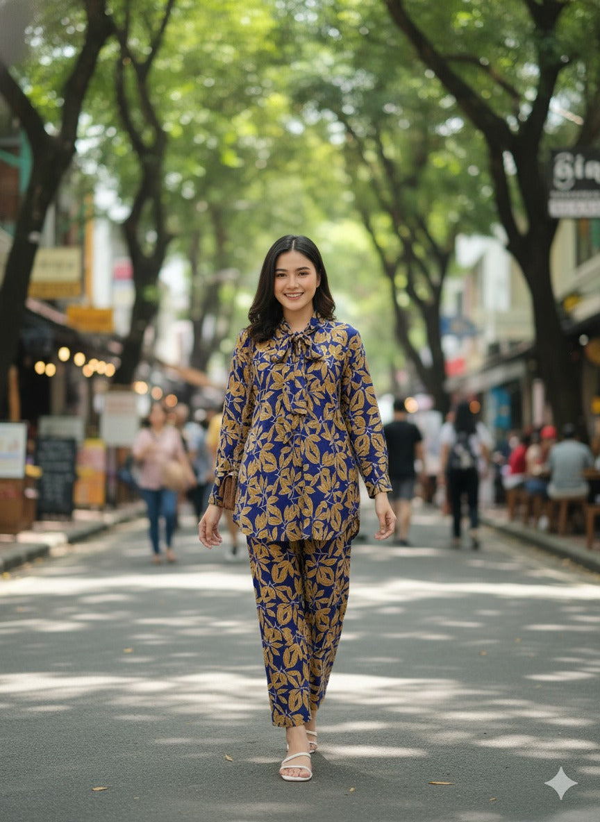 Two-Piece Linen Printed Outfit Featuring a Matching Shirt & Trouser Set