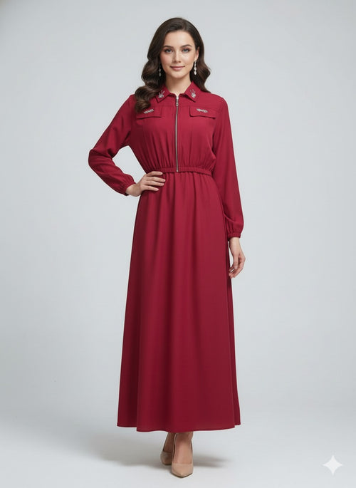 Elegant Two-Piece Maroon Set Flowy Sleeveless Dress Paired With a Matching Cropped Jacket