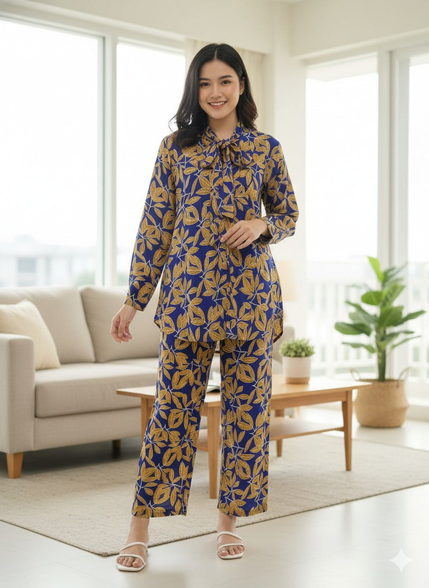Two-Piece Linen Printed Outfit Featuring a Matching Shirt & Trouser Set