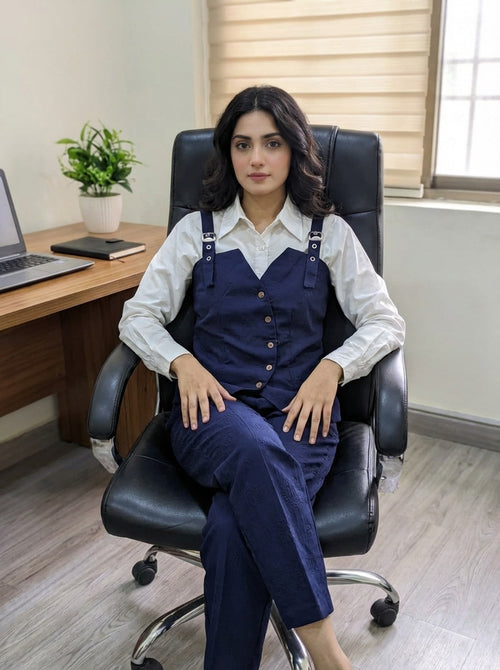 Stylish Three-Piece Navy & White Set (Textured Jacquard Fabric)