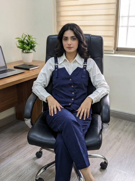 Stylish Three-Piece Navy & White Set (Textured Jacquard Fabric)