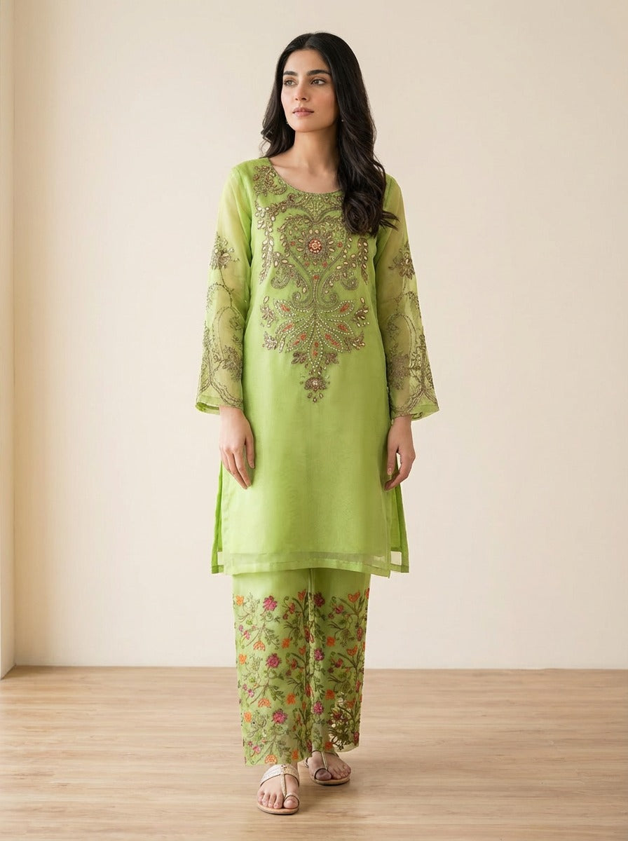 festive style elegant two-piece lime-green embroidered outfit.