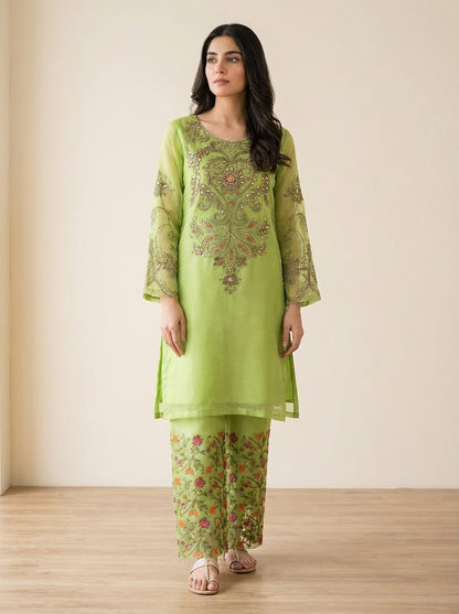 festive style elegant two-piece lime-green embroidered outfit.