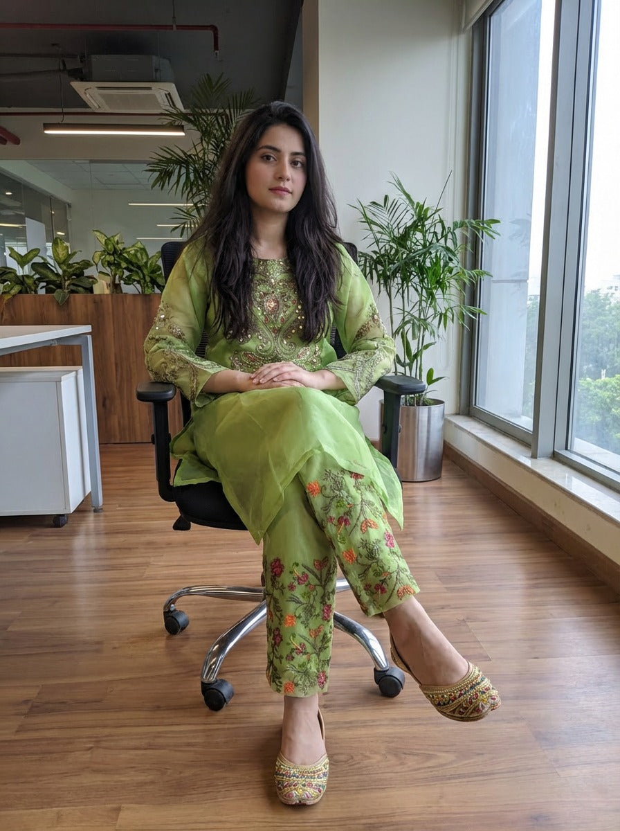 festive style elegant two-piece lime-green embroidered outfit.