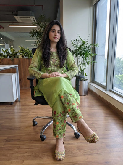 festive style elegant two-piece lime-green embroidered outfit.