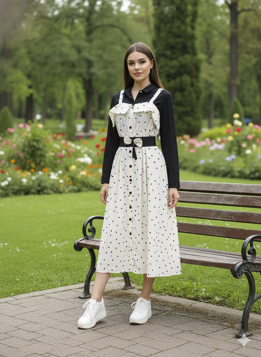 Polka Dot Overall Midi Dress with Black Inner Shirt