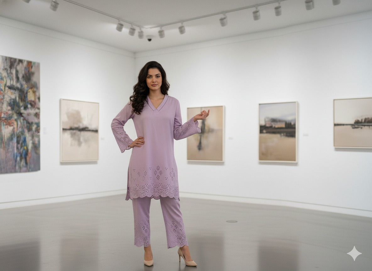 Lavender Eyelet Embroidered 2-Piece Suit