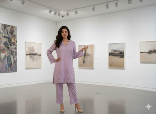 Lavender Eyelet Embroidered 2-Piece Suit