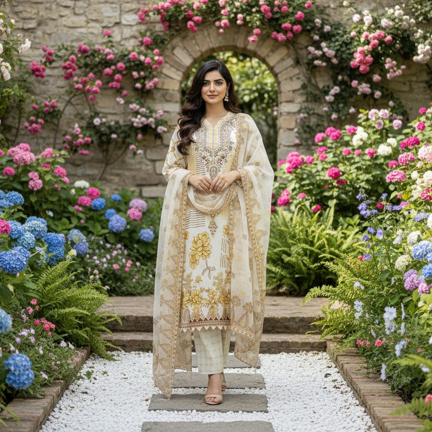 Luxury Embroidered 3-Piece Cream & Gold Lawn Suit