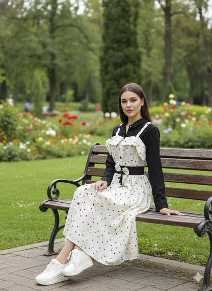 Polka Dot Overall Midi Dress with Black Inner Shirt