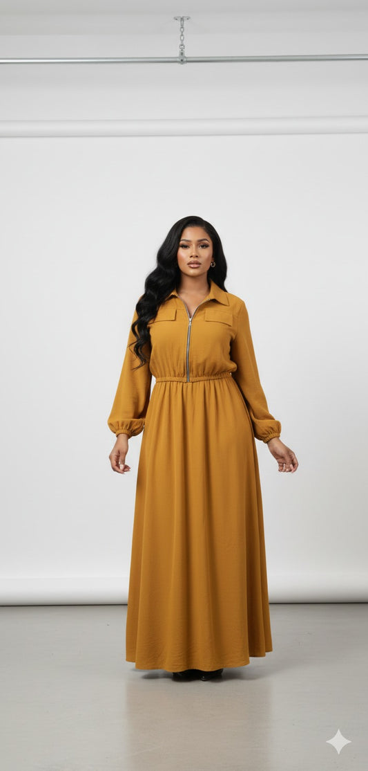 Mustard Yellow Zip-Front Maxi Shirtdress