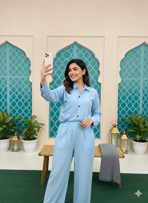 Sky Blue Co-Ord Set: Textured Button-Down Shirt and Wide-Leg Trousers