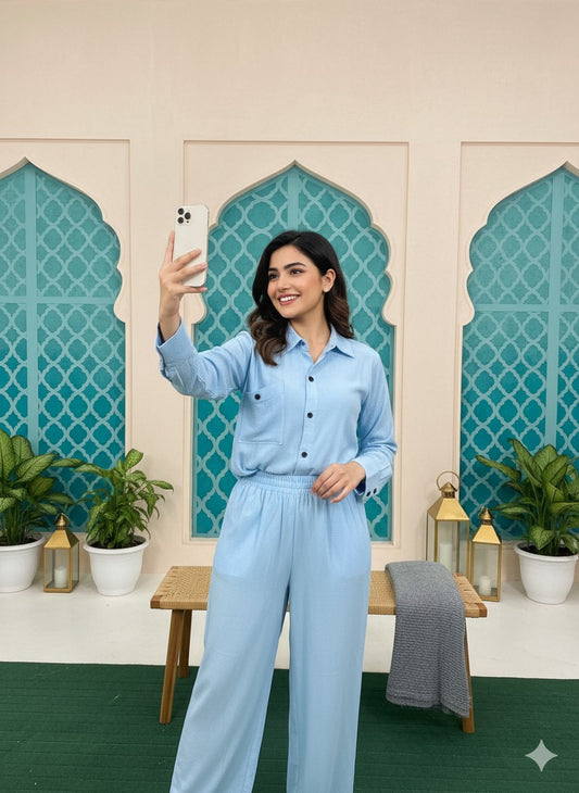 Sky Blue Co-Ord Set: Textured Button-Down Shirt and Wide-Leg Trousers