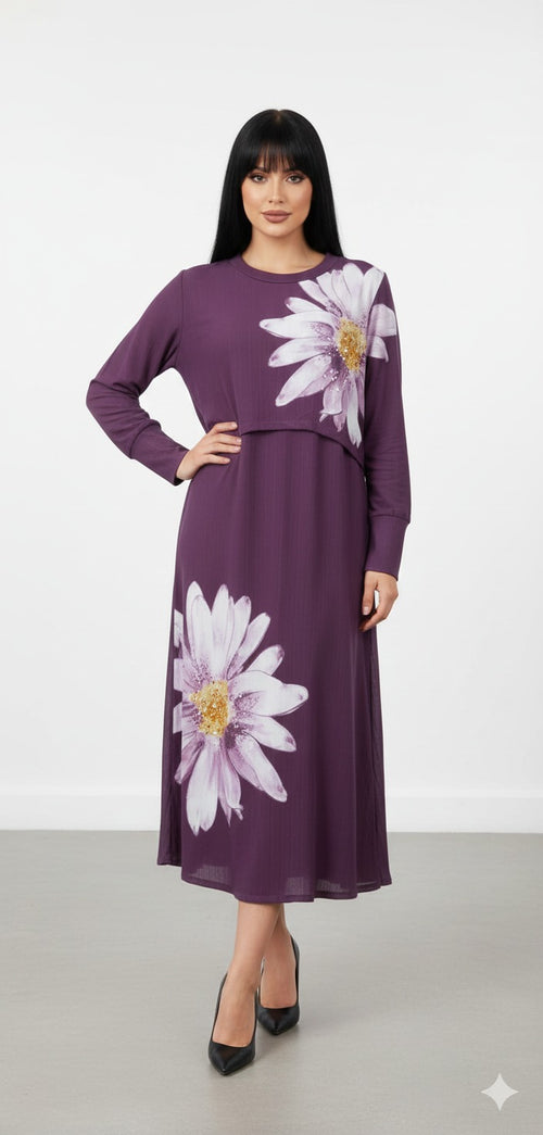Plum Purple Daisy Print Long-Sleeve Midi Dress