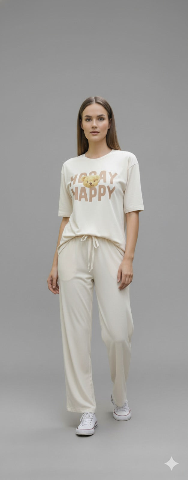 Cream Cotton Graphic Loungewear Set