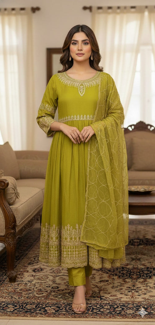 Olive Green Long Frock with Plain Trouser & Embroidered Dupatta