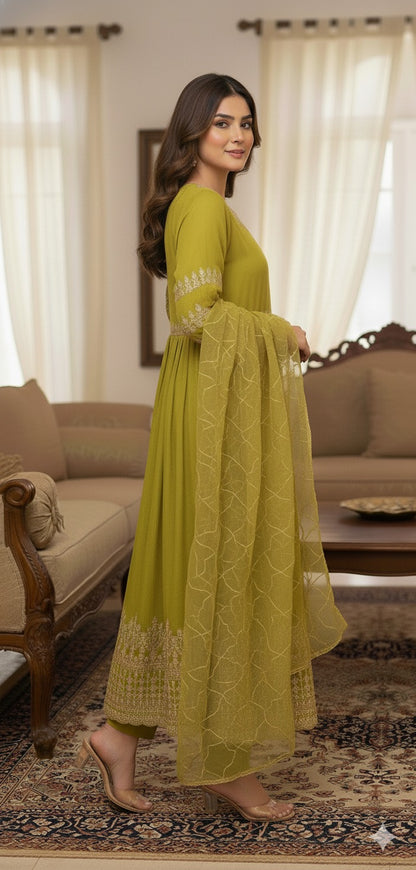 Olive Green Long Frock with Plain Trouser & Embroidered Dupatta