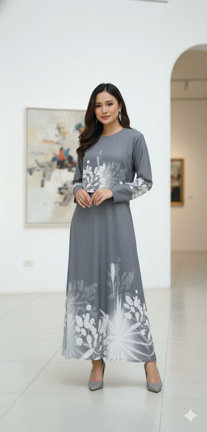 Grey Printed Two-Piece Set – Top & Maxi Skirt