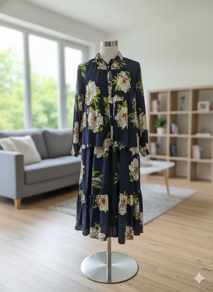 Navy Floral Two-Piece Set – Shirt & Maxi Skirt