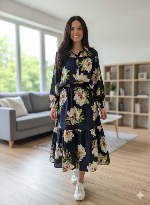 Navy Floral Two-Piece Set – Shirt & Maxi Skirt