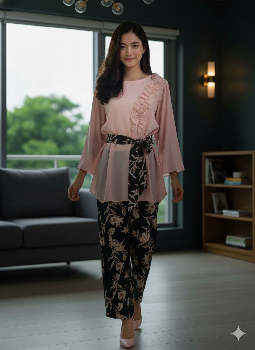 Pink Ruffle Top & Floral Trouser Set