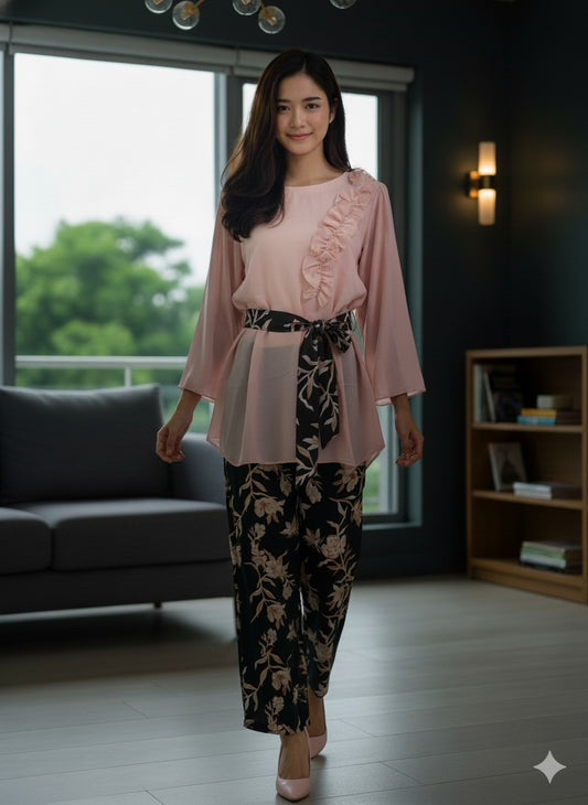 Pink Ruffle Top & Floral Trouser Set