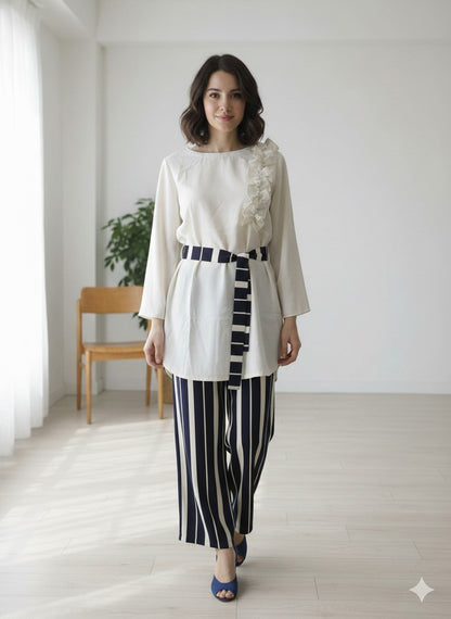 Ivory Ruffle Top & Navy Stripe Culottes Set