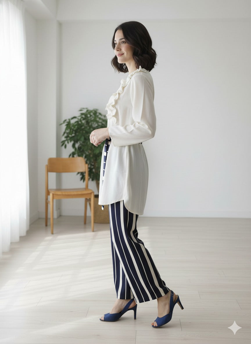 Ivory Ruffle Top & Navy Stripe Culottes Set