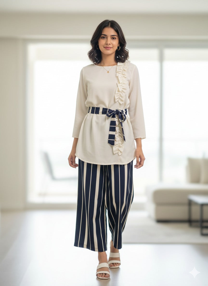 Ivory Ruffle Top & Navy Stripe Culottes Set
