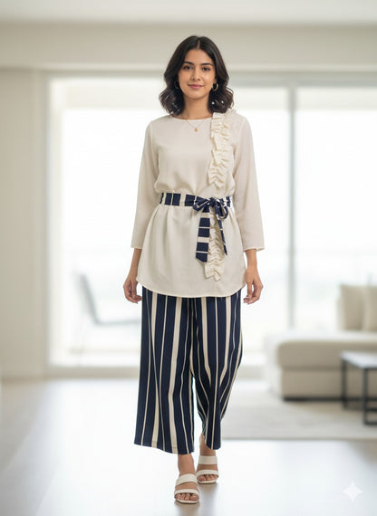 Ivory Ruffle Top & Navy Stripe Culottes Set