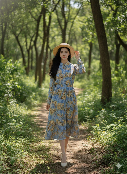 Blue Floral Two-Piece Long Dress – Soft, Feminine & Breezy
